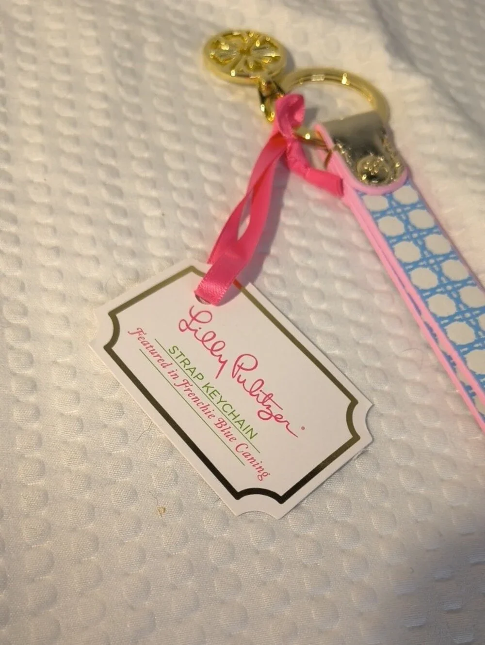 Lilly Pulitzer Pink and Light Blue Patterned Wristlet Keychain With Charm